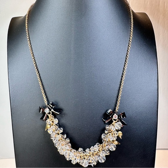 Betsy Johnson clear clustered beads with black bows and gold tone heart choker - Picture 3 of 9